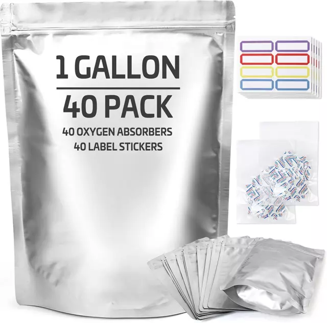 40pc Mylar Bags for Food Storage With Oxygen Absorbers Resealable 1 Gallon New