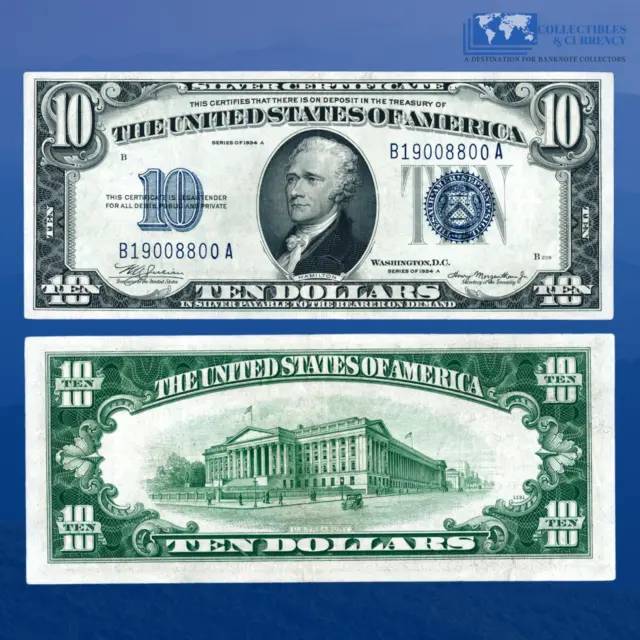 1934A $10 Ten Dollars Silver Certificate Blue Seal, AU Condition #08800
