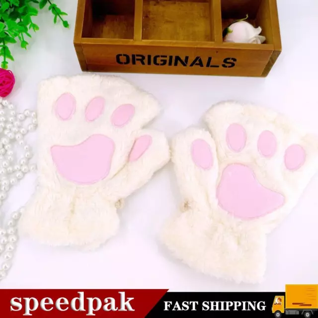 Women Girl Cat Claw Paw Winter Soft Plush Half Finger Fingerless P4C2