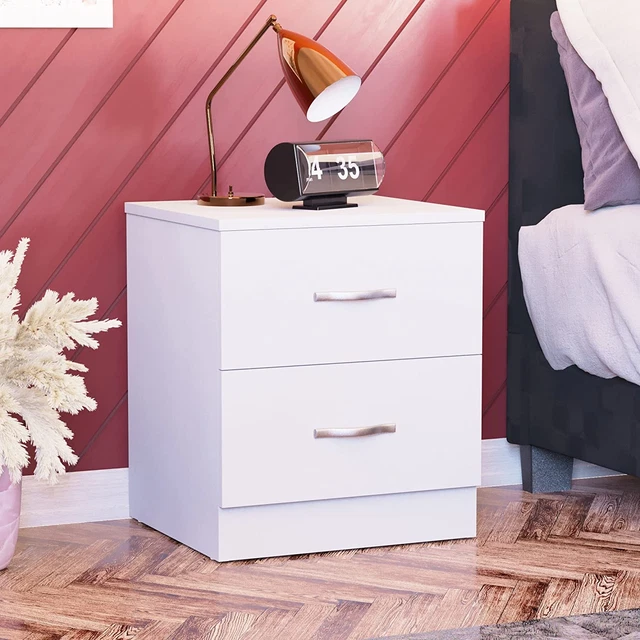 Vida Designs Armadio comodino bianco, 2 cassetti con maniglie e corridori in metallo, unico