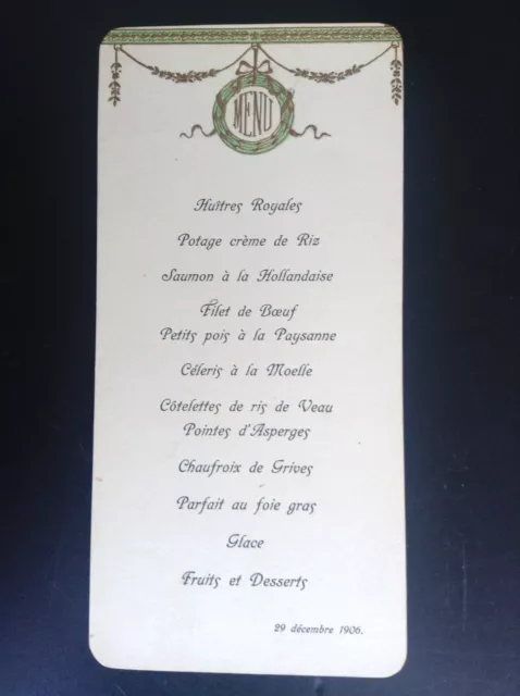 Ancien menu 1906 au decor gaufré