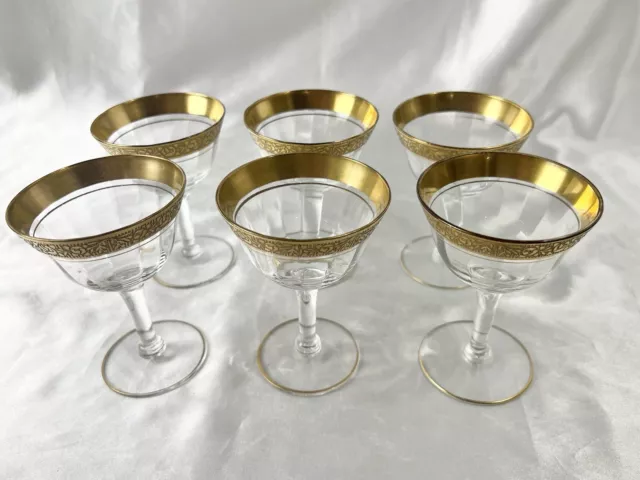 Vintage Set 6 Tiffin Minton Pattern Champagne Glasses Gold Encrusted Rim 4” Tall