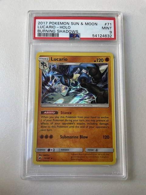 PSA Mint 9  LUCARIO - HOLO BURNING SHADOWS - 2017 POKEMON SUN & MOON