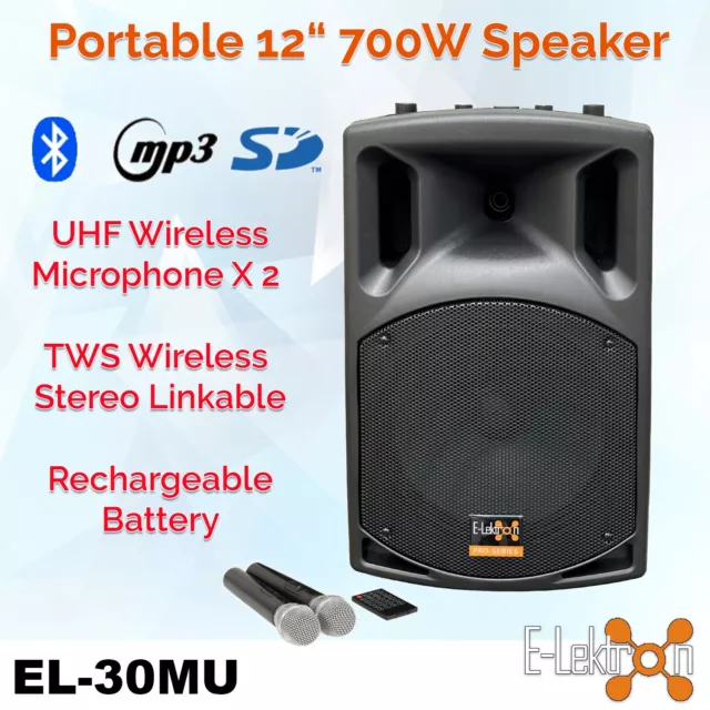 E-Lektron EL30-M 12" inch Mobile PA Sound System Bluetooth 2Mic Portable Speaker