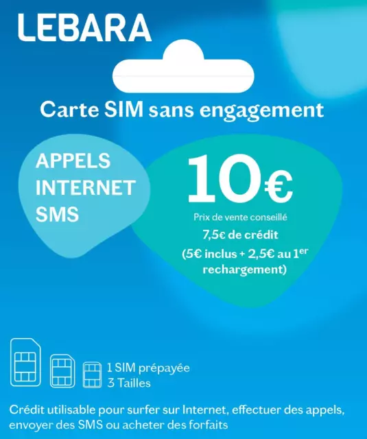 Carte Sim prépayée Lebara incluant 7,50E de crédit (5E + 2,50E offerts) – Appels