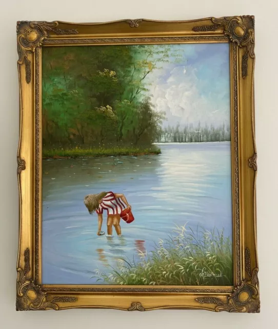 SIGNED C MANUEL Painting Boy Fishing Oil on Canvas With Framed Wall Art  £40.00 - PicClick UK