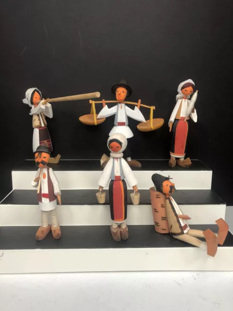 Lot Of 6 Romanian Hand Carved Painted Wood Folk Art 5 1/2in Figurines Wooden