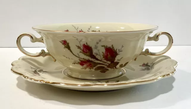 Rosenthal Pompadour Moss Rose Pattern Ivory Body Footed Soup Bowl and Saucer Set