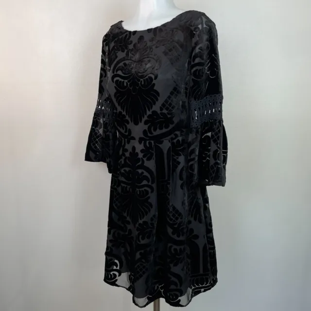Eliza J Fit & Flare Dress 2 Black Burnout Velvet Bell Sleeve Cocktail LBD Womens 3