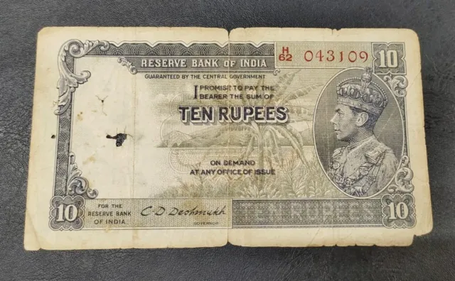 1937 British India 10 Rupee Side Face Cd Deshmukh Note