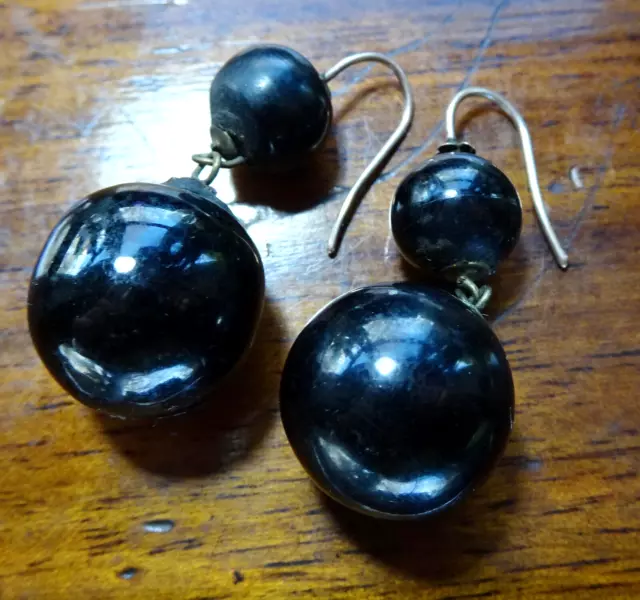 antique Victorian WHITBY JET carved round bead dangle drop pierced earrings P202