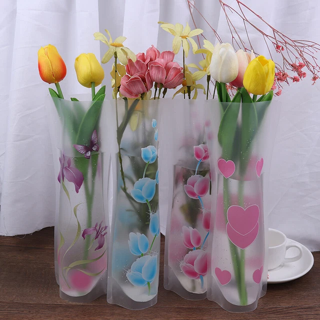 PORTABLE FOLDABLE VASE Office Home Decoration Random PVC Plastic Flower
