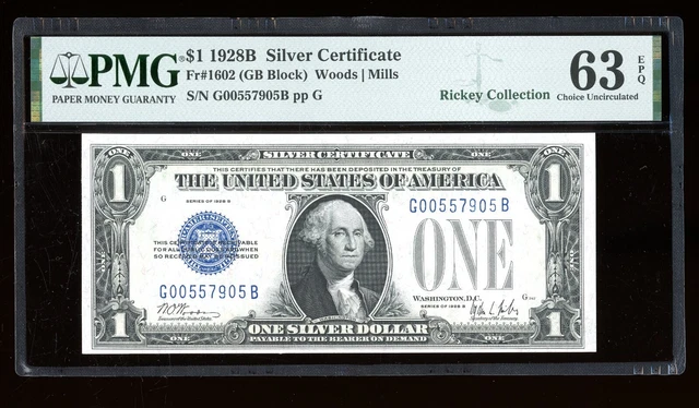 DBR 1928-B $1 Silver Funnyback Fr. 1602 GB Block PMG 63 EPQ Serial G00557905B