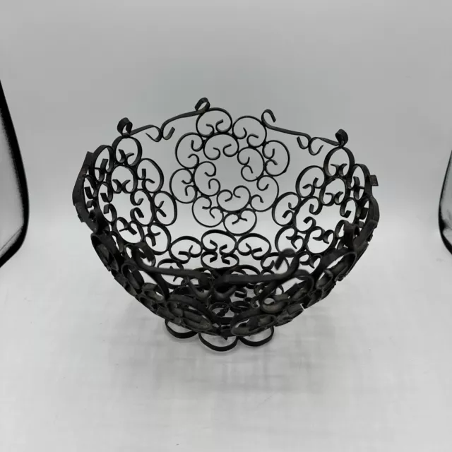 Wrought Iron Scroll Metal Fruit Bowl Black Basket Pedestal MCM Spain Vintage