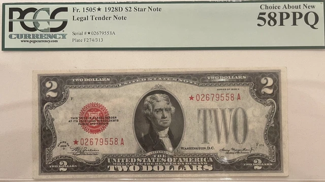 1928D $2 Legal Tender Red Seal Star Note FR.1505* PCGS 58 PPQ. Very Rare