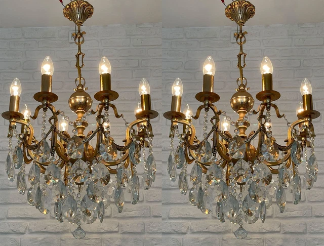 Passendes Paar antike Vintage 8 Arme Messing & Kristalle Kronleuchter Lampe 1970er Jahre