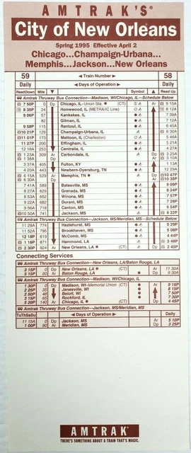 Amtrak City Of New Orleans Timetable Vintage Spring 1995 Railroad Train Chicago