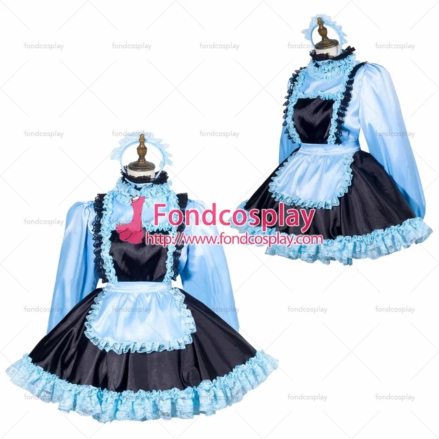 SISSY MAID SHORT blue satin dress lockable Uniform apron costume Tailor
