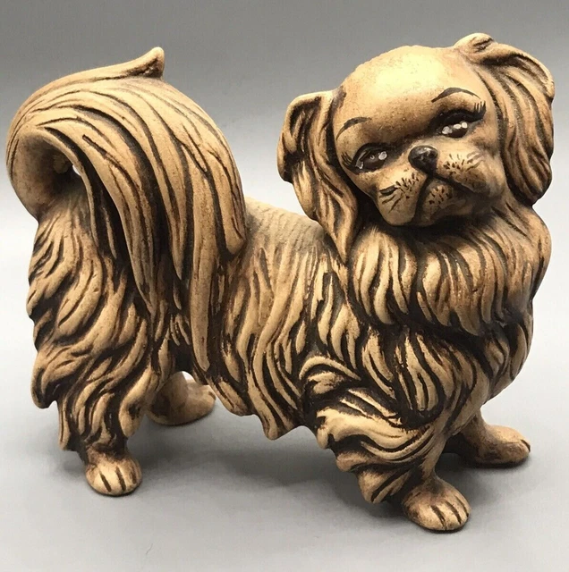 Vintage Ceramic Pekingese Dog Figurine, Handmade, Unglazed