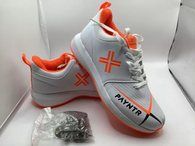 Payntr X Spikes Mens Cricket Trainer Brand New Size 4Uk White Neon Orange Tu4