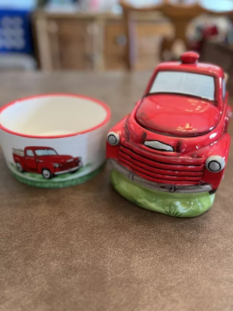Red Ceramic Truck Treat Cookie Jar with Sealed Lid And Bowl To Match
