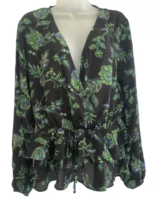 Floral & Ivy Womens Size Large Black Wrap Blouse w/ Peplum Long Sleeves NWT