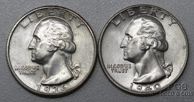 UNC Key Date 1936-S & 1940-D Washington Quarters US 90%  26498