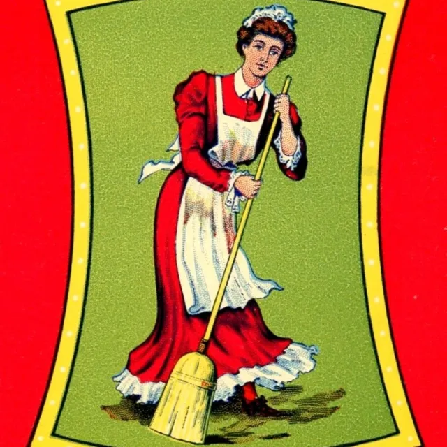 Vintage Little Miss Broom Label Maid Sweeping Paper Label