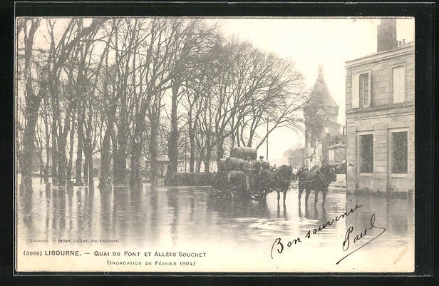 CPA Libourne, Quai du Pont et allées Souchet, inondation