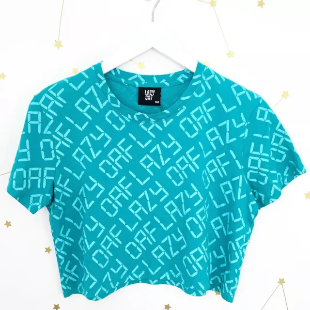 NWT Lazy Oaf Crop Top Size Small Blue Spell Out Logo Calculations Digital Tee