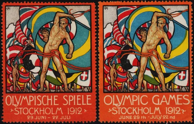 2 reklamemarken 1912 olympische spiele stockholm, ole hjortzberg, englisch /0408