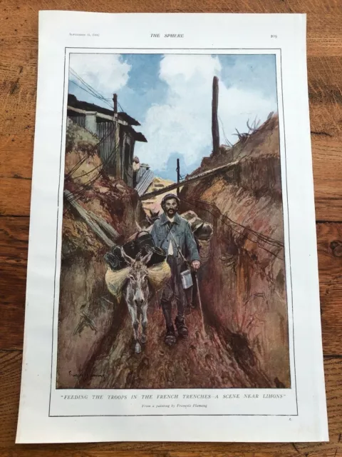 ww1 full page colour print .feeding the troops in the french trenches ( lihons )