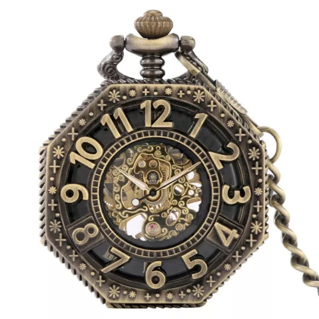 Mens Skeleton Pocket Watch Mechanical Bronze Octagon Case with Fob Chain Vintage