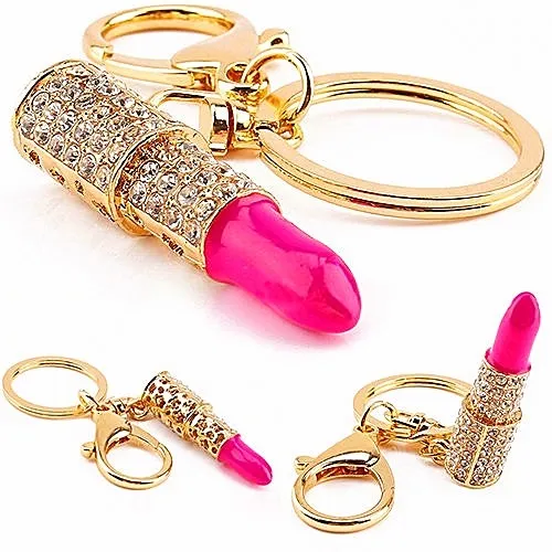 Hot Pink Lipstick Crystal Key Chain Ring Purse Backpack Decoration Free Gift Bag