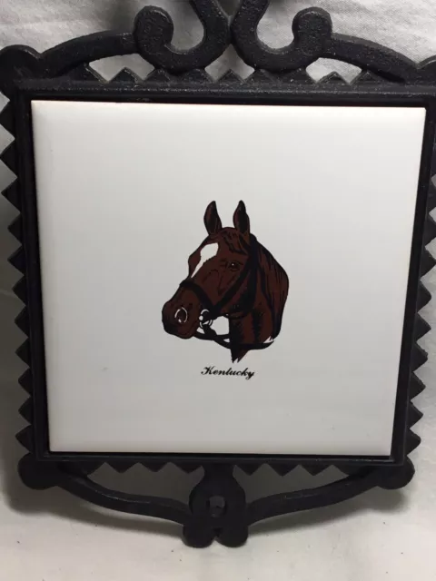 KENTUCKY Vintage FM Cast Iron Trivet Ceramic Tile Thoroughbred Horse 3