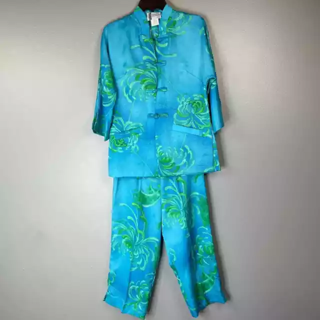 Vintage Liberty House Hawaii Womens 2 Piece Pant Suit Blue Asian Mandrin 8