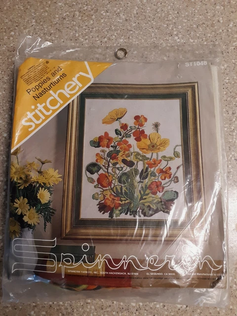POPPIES & NASTURTIUMS Kit de Bordado Crewel de Colección 16x20 Spinnerin EE. UU. Stock Antiguo