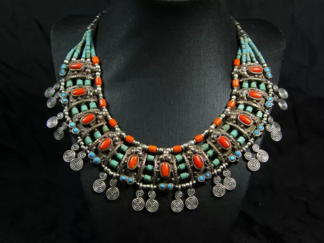 Vintage Gorgeous Tibetan Silver Necklace Coral​ Turquoise Beads Multi Strands