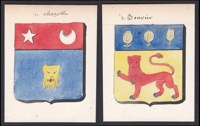 19. Siglo De Chazelles Beauvoir Francia Escudo Abrigo De Arms Acuarela