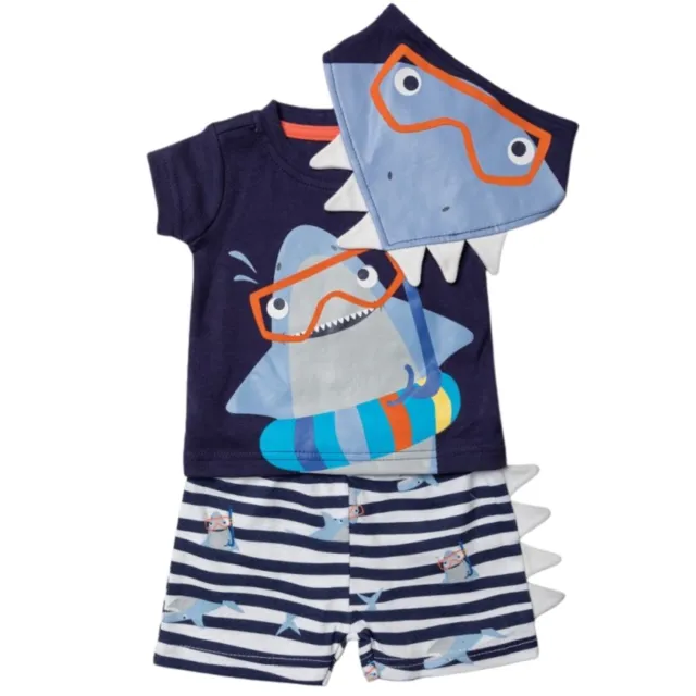 Baby Boys t shirt, shorts & bib - 3 piece outfit set - shark  0-12 mths