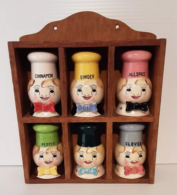 Chef Spice Shakers with Wooden Rack Retro Vintage total six  made in Japan