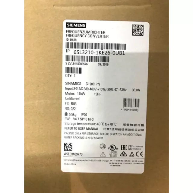 New Siemens 6SL3210-1KE26-0UB1 6SL3 210-1KE26-0UB1 SINAMICS G120C 30KW Inverter