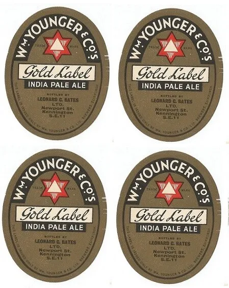 Younger's Gold Label IPA - x4 Labels - 1940s - Mint