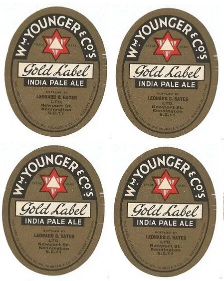 Younger's Gold Label IPA - x4 Labels - 1940s - Mint