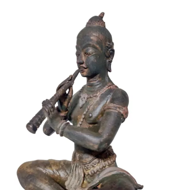 An Antique Thai Bronze Statue Hindu God: Deity Krishna Plays in Venu