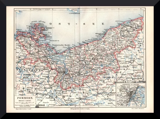 +Pommern+ historische Landkarte 1895 +Stettin,Kolberg,Stolp,Köslin,Belgard,Rügen