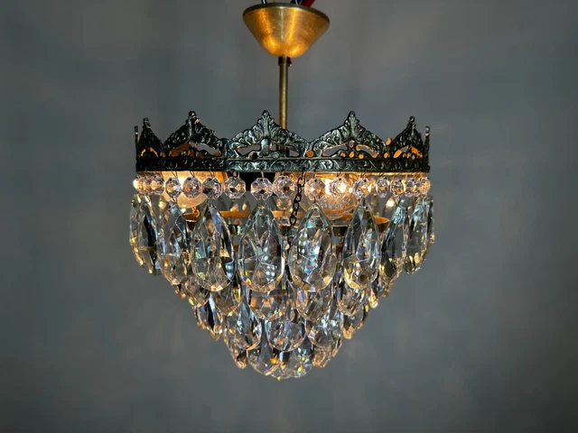 Antique / Vintage Crystals Chandelier Lighting French Low Ceiling Lamp 1960's
