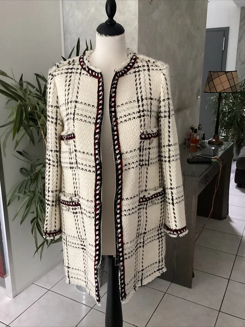 VESTE LONGUE MANTEAU ZARA taille M Tweed blanc noir rouge tr s bon