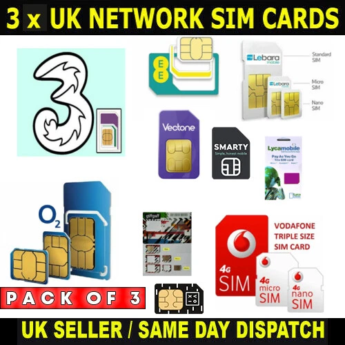 3 x UK PAYG SIM Cards O2 EE Vodafone Three Lyca Lebara Giffgaff Smarty Voxi LOT