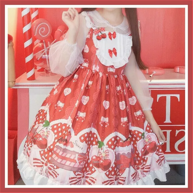 Lady Girl Japanese Lolita Dress Cosplay Kawaii Ruffle Puff Sleeve Cute  Retro Red
